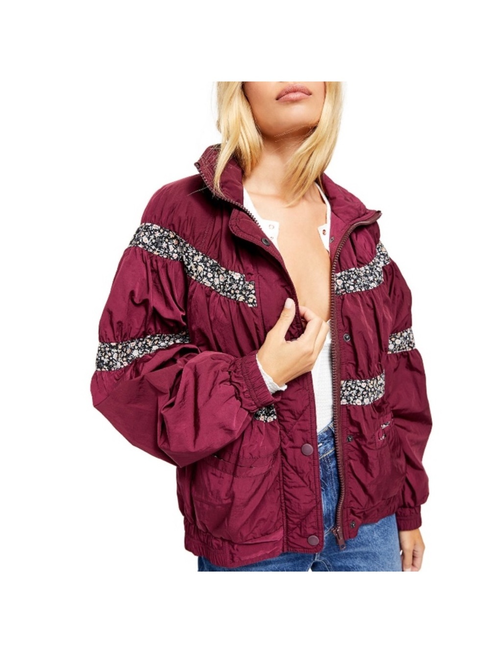 Free People On My mind Bomber Jacket Burgundy Floral-Trim Lightweight Fall SZ LG
